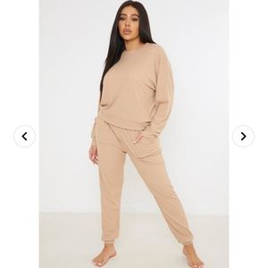 Misguided Plus Camel Ribbed Loungewear Set